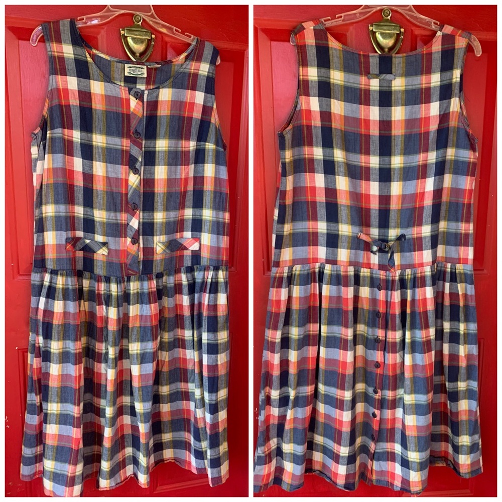Vintage Plaid Midi Dress Red Navy blue Cream 18w